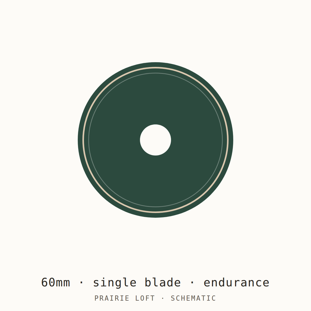 Schematic drawing of a 60mm endurance rotary blade, drawn to relative scale