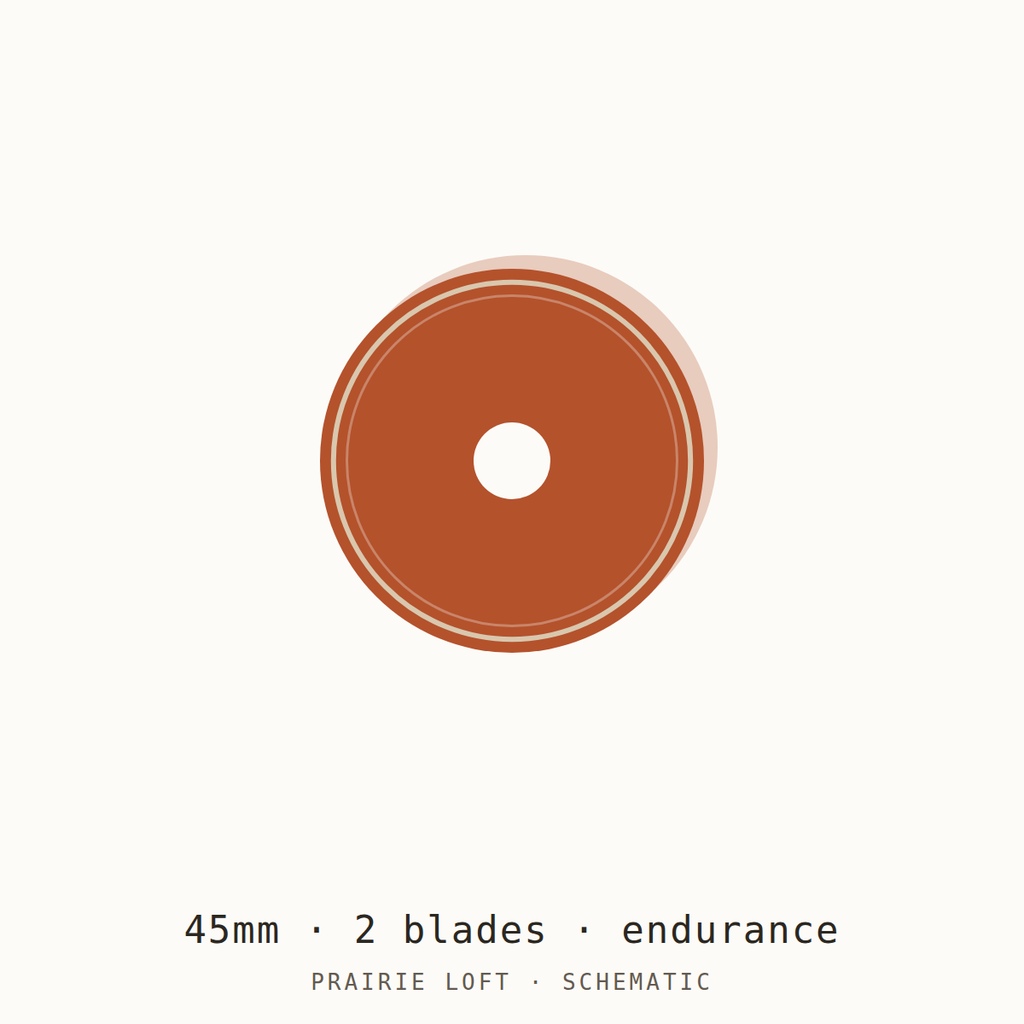 Schematic drawing of a 45mm endurance rotary blade, two to a pack, drawn to relative scale