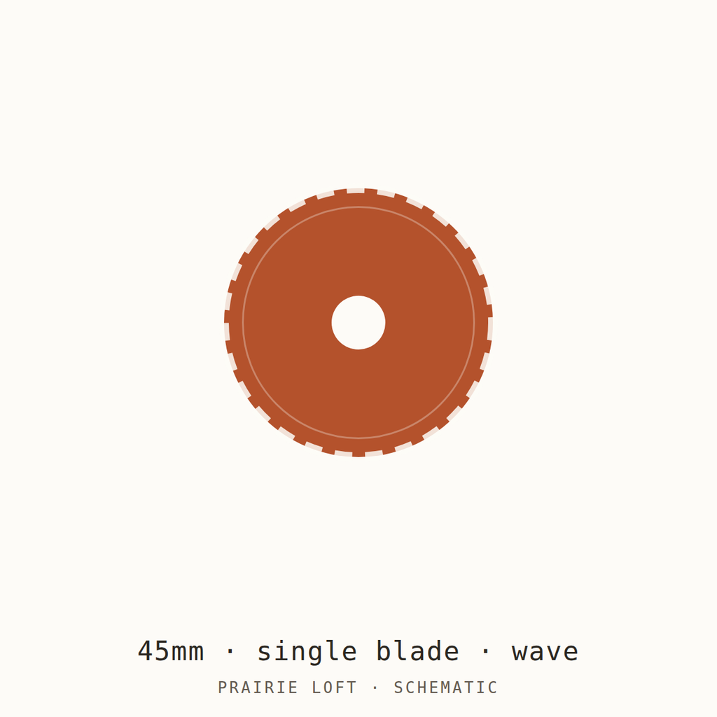 Schematic drawing of a 45mm wave-edge rotary blade, drawn to relative scale