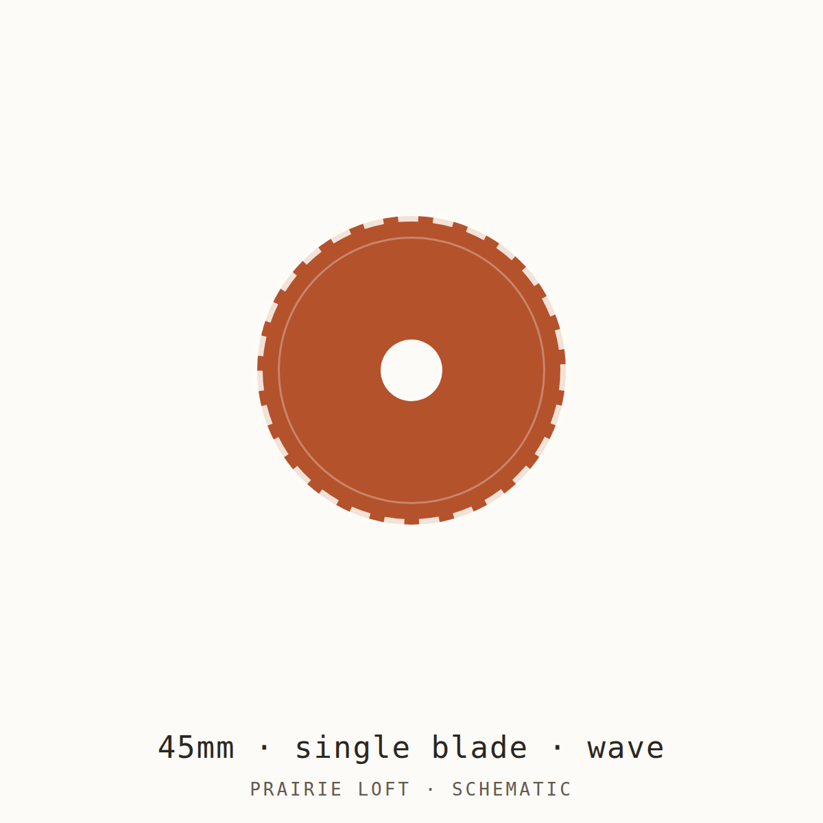 Schematic drawing of a 45mm wave-edge rotary blade, drawn to relative scale